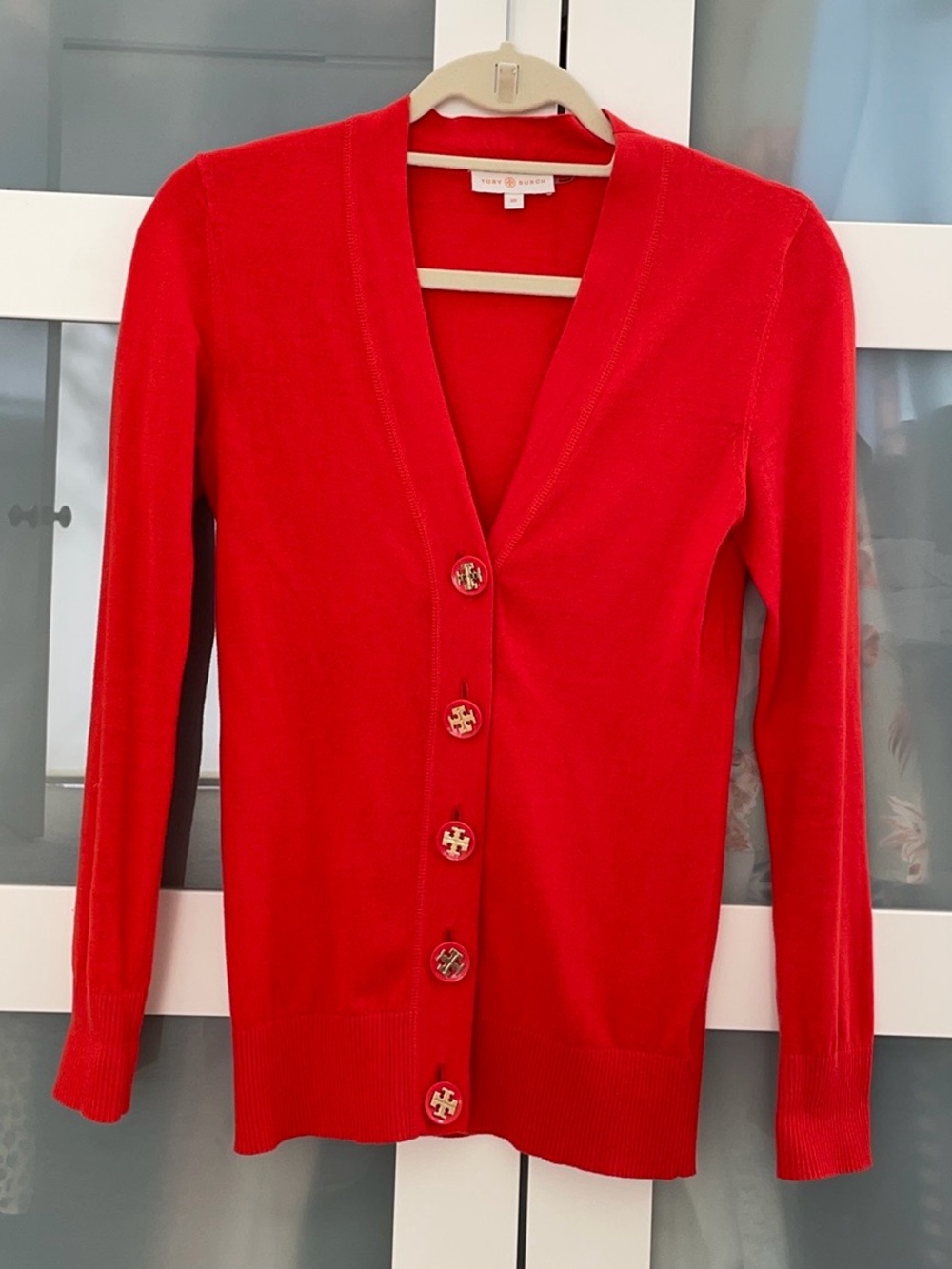 Tory Burch Poppy Red V-Neck Button Cardigan